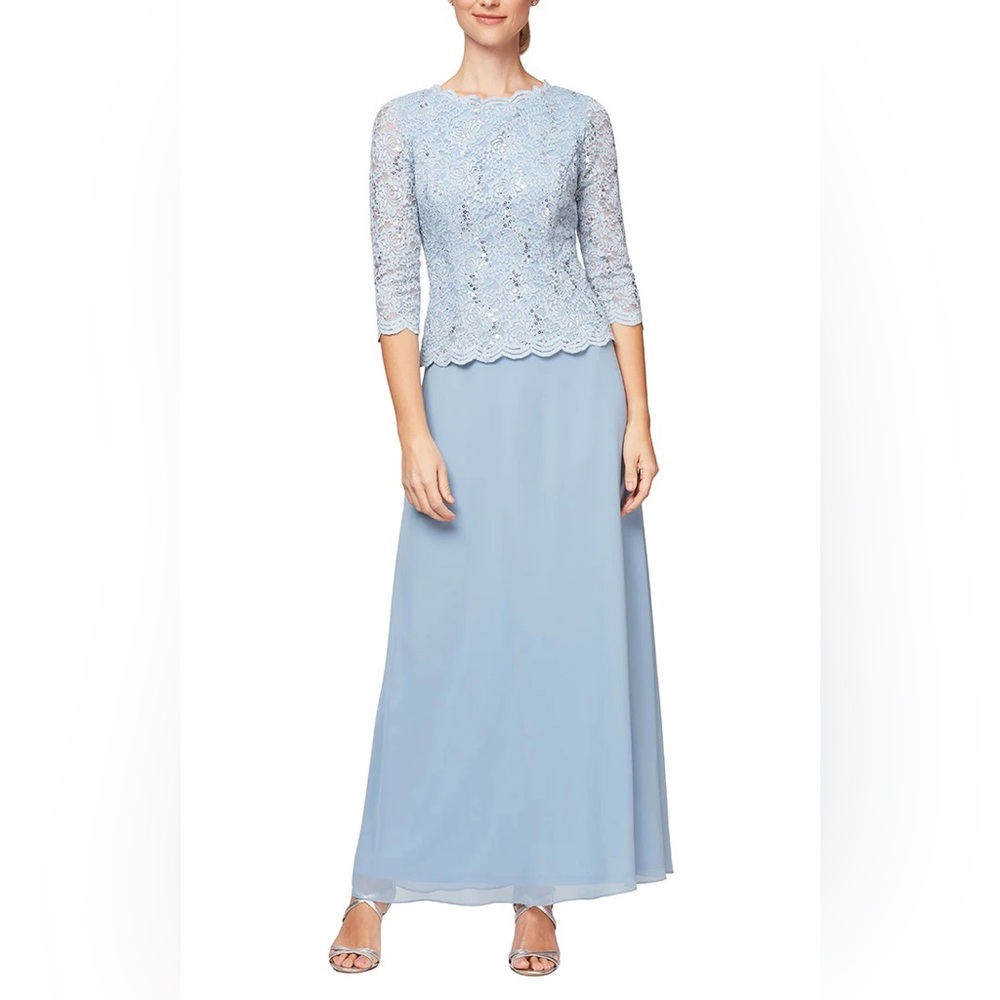 Long Lace Mock Dress with Chiffon Skirt and Sequin Detail on Bodice